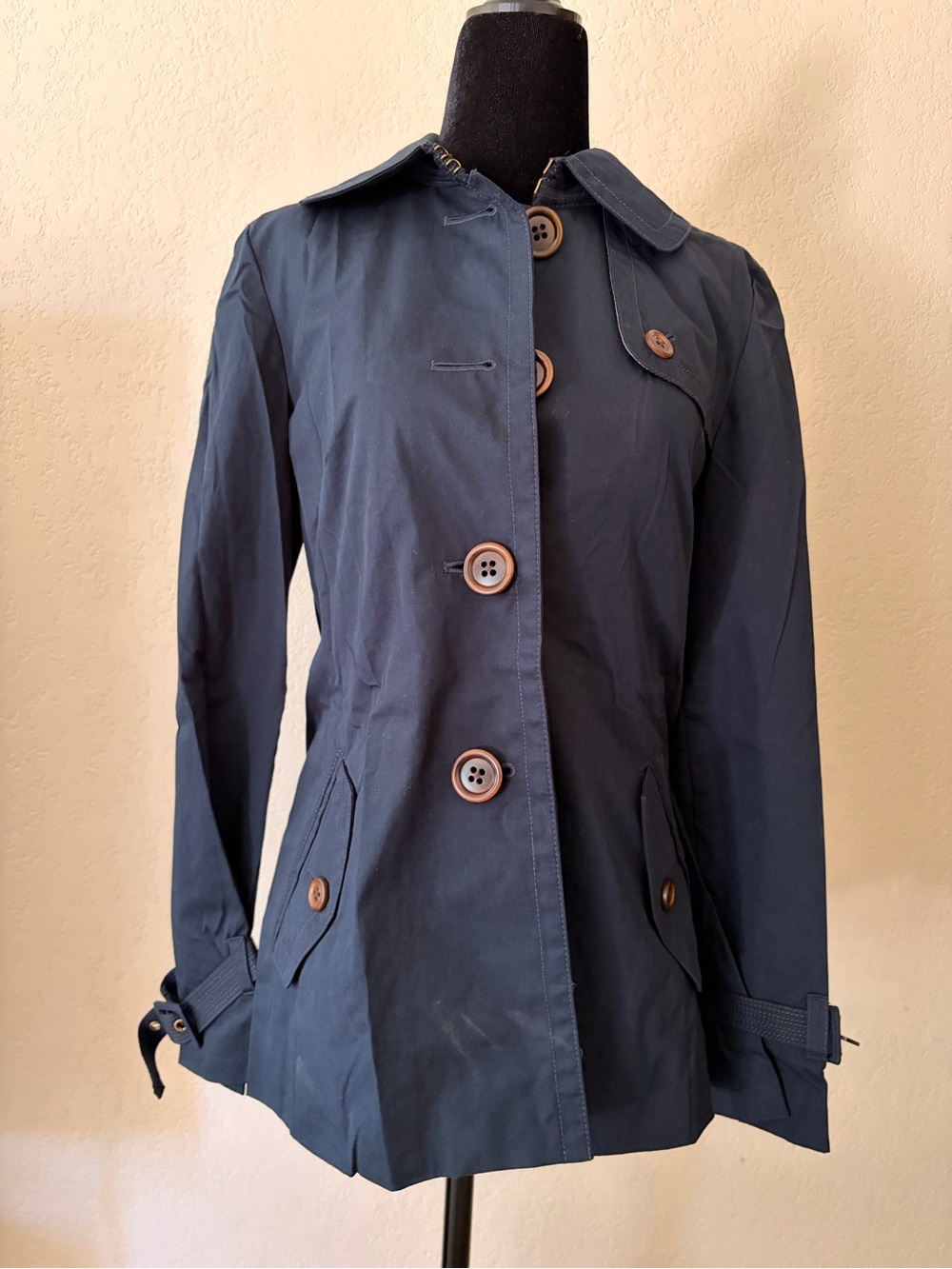 J. Crew Navy Button-Front Trench Coat with Brown Buttons
